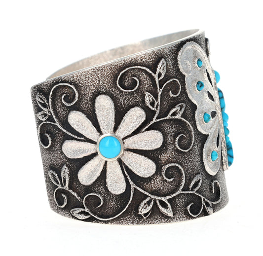 High Grade Natural Lone Mountain Turquoise Butterfly & Two Flower Bracelet