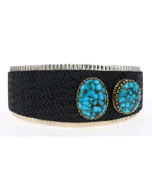 High Grade Natural Kingman Web Turquoise 2-Stone Bracelet With 18K Gold Bezels