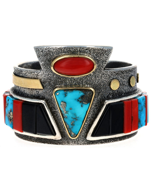 Natural Morenci Turquoise & Coral Bracelet With Multi-Color Raised Cobblestone Inlay