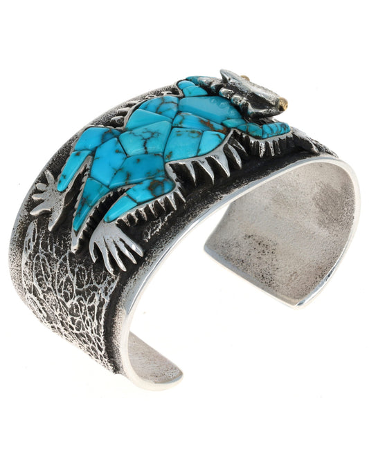 High Grade Natural Lone Mountain Turquoise Inlay Horny Toad Bracelet With 18K Gold Eyes