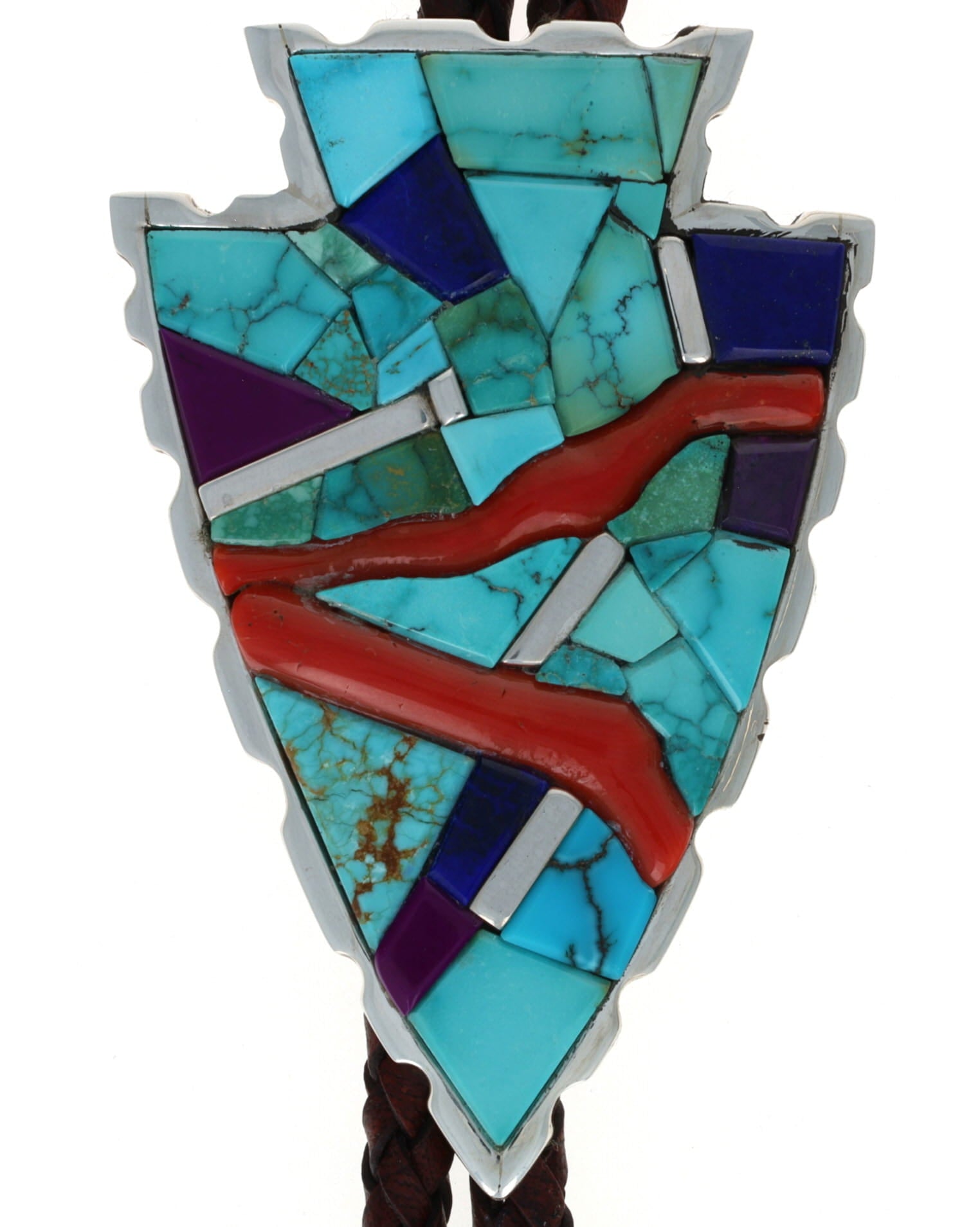 Arrowhead Bolo Tie With Natural Multi-Stone And Coral Inlay