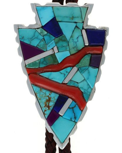 Arrowhead Bolo Tie With Natural Multi-Stone And Coral Inlay