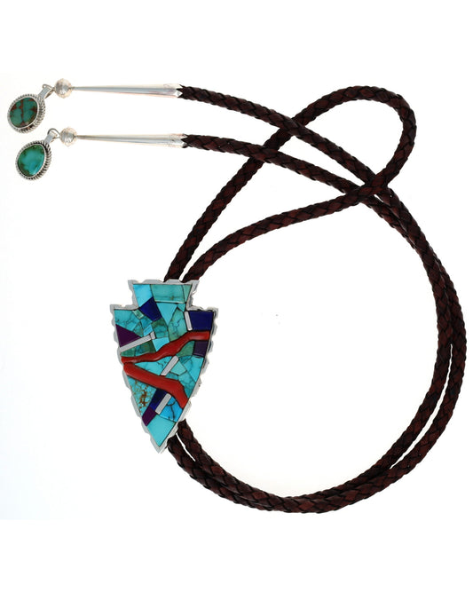 Arrowhead Bolo Tie With Natural Multi-Stone And Coral Inlay