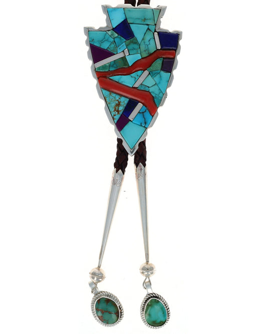 Arrowhead Bolo Tie With Natural Multi-Stone And Coral Inlay