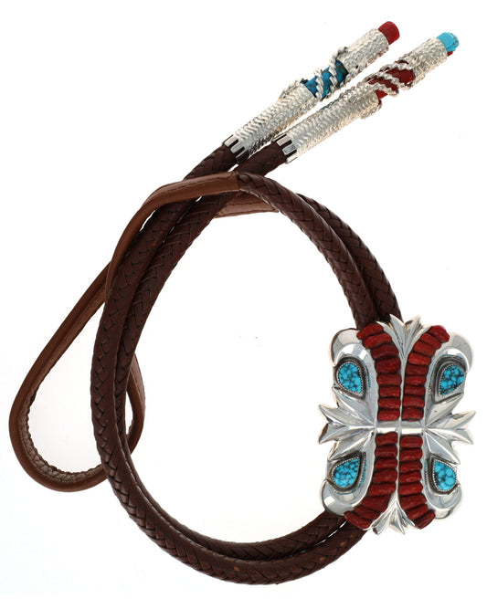 Turquoise And Coral Inlay Bolo Tie