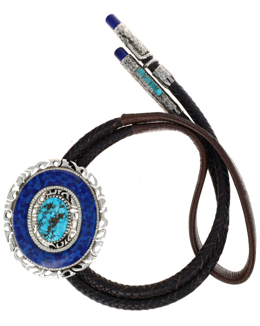 Morenci Turquoise Bolo Tie With Lapis Inlay Surround