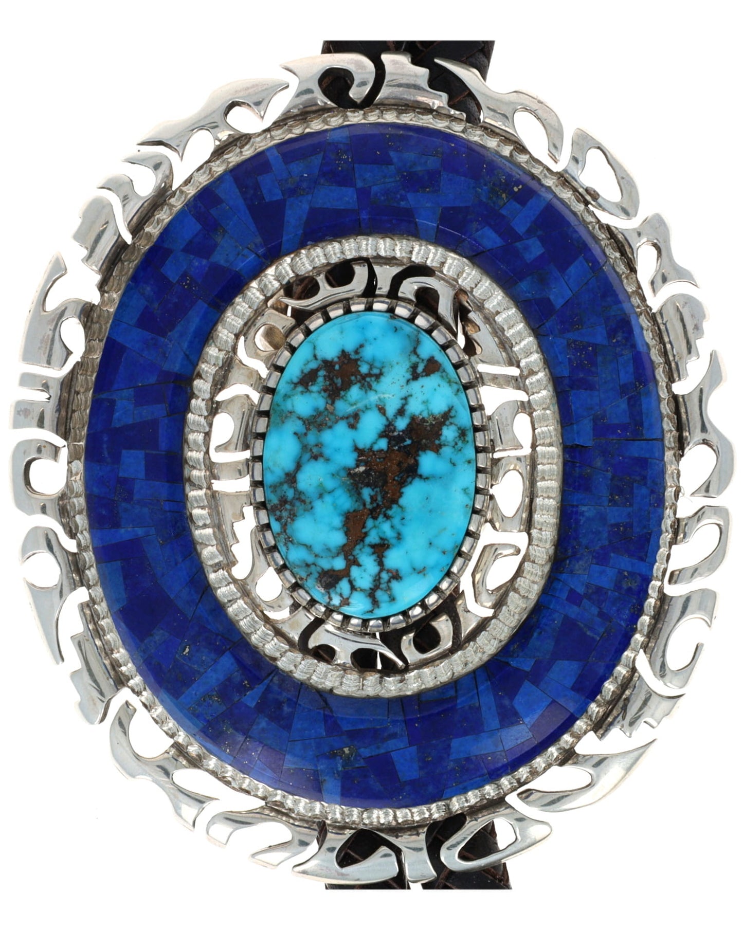 Morenci Turquoise Bolo Tie With Lapis Inlay Surround
