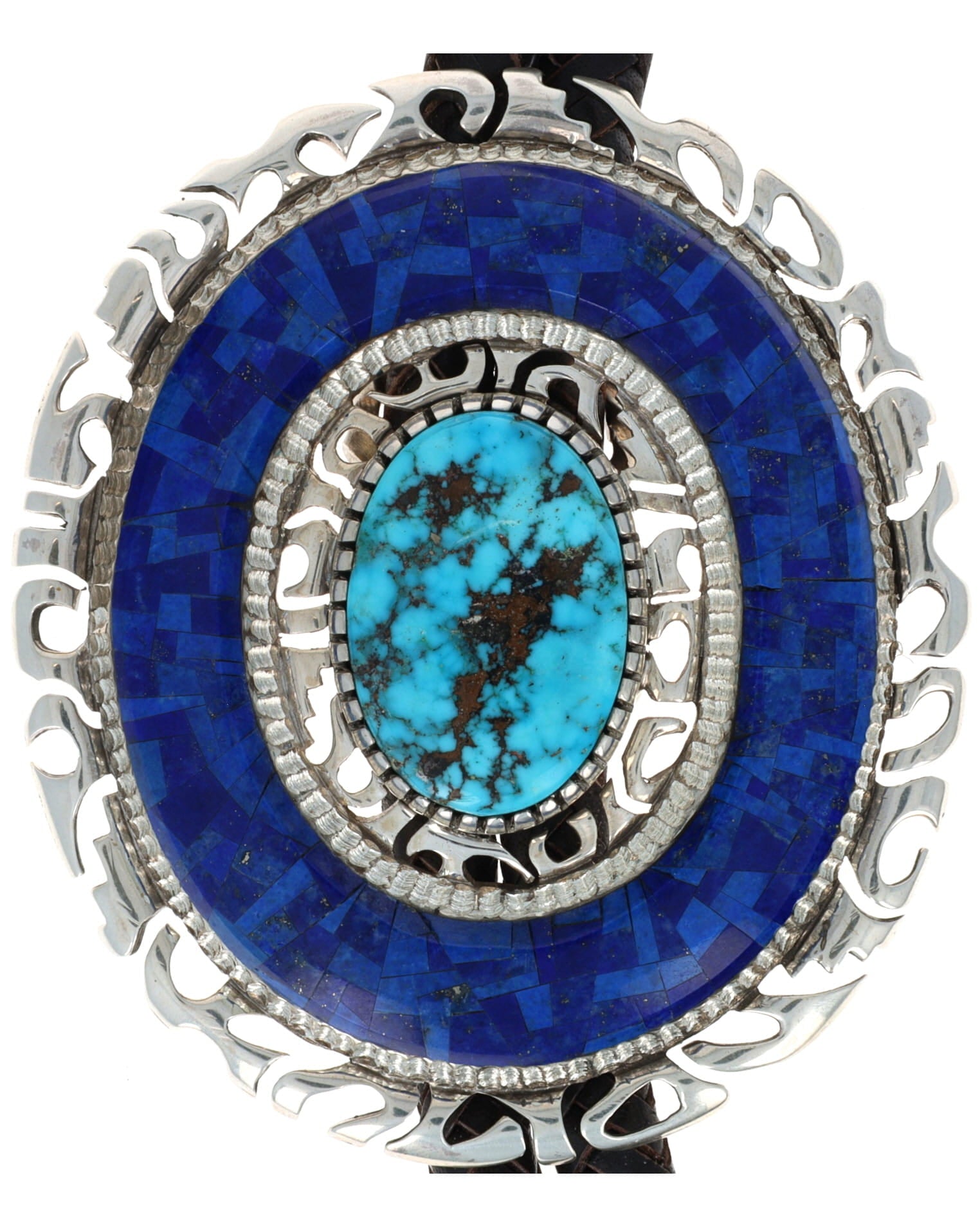 Morenci Turquoise Bolo Tie With Lapis Inlay Surround