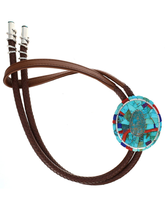 High Grade Natural Lone Mountain Turquoise Bolo Tie With Natural Multi-Stone Inlay Surround