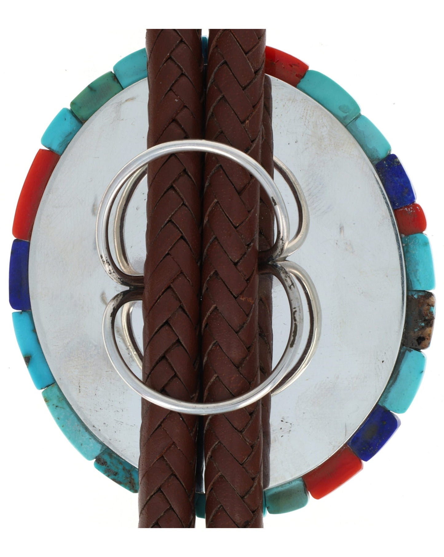 High Grade Natural Lone Mountain Turquoise Bolo Tie With Natural Multi-Stone Inlay Surround