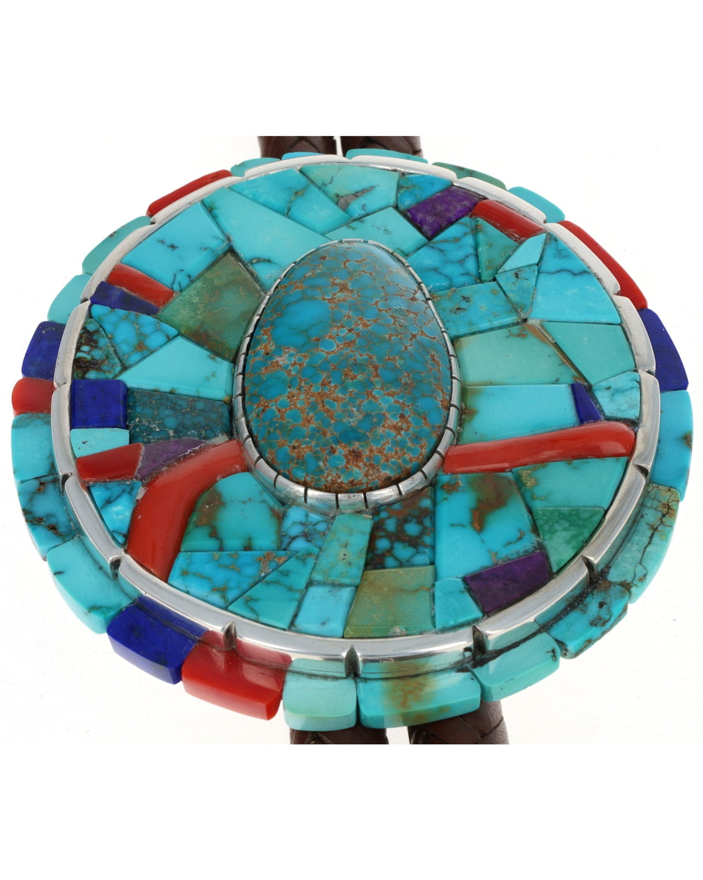 High Grade Natural Lone Mountain Turquoise Bolo Tie With Natural Multi-Stone Inlay Surround