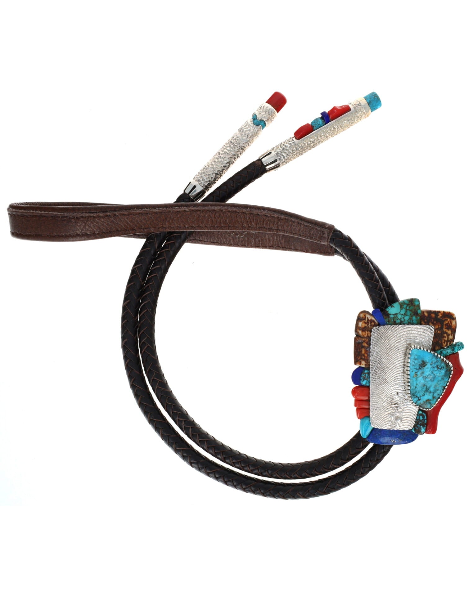High Grade Natural Candelaria Turquoise Bolo Tie With A Side Inlay Surround