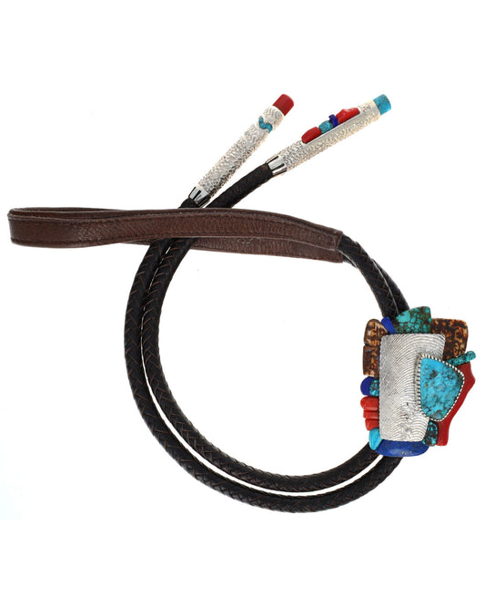 High Grade Natural Candelaria Turquoise Bolo Tie With A Side Inlay Surround