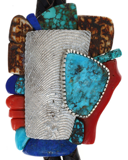 High Grade Natural Candelaria Turquoise Bolo Tie With A Side Inlay Surround