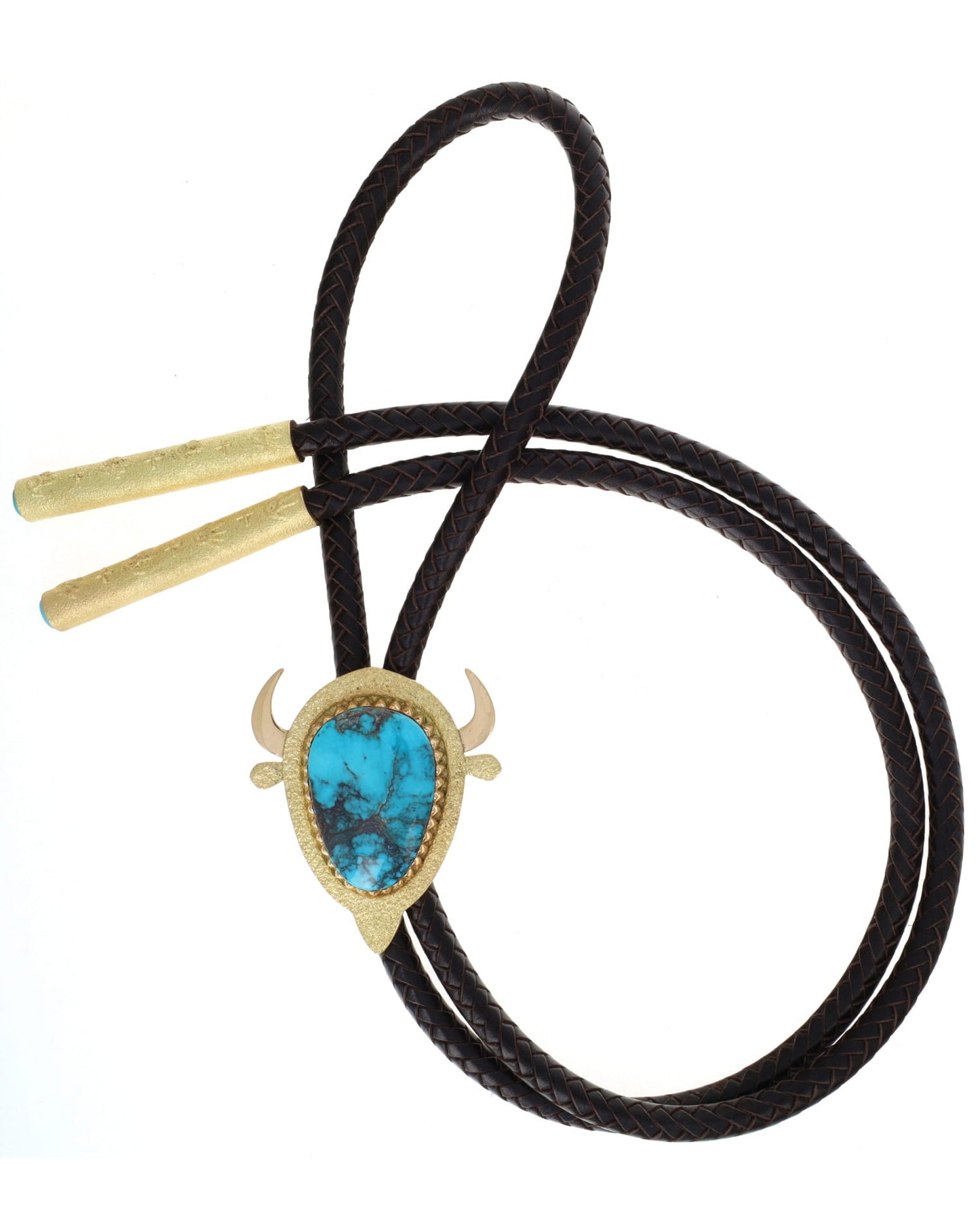 18K Gold Buffalo Bolo Tie With High Grade Natural Bisbee Turquoise