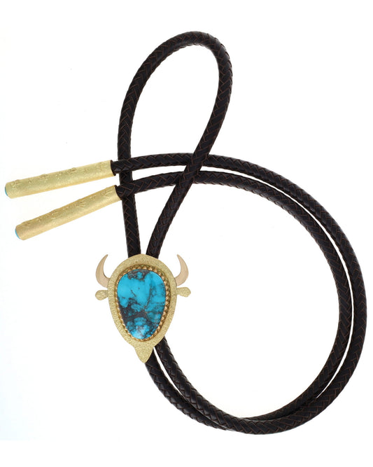 18K Gold Buffalo Bolo Tie With High Grade Natural Bisbee Turquoise