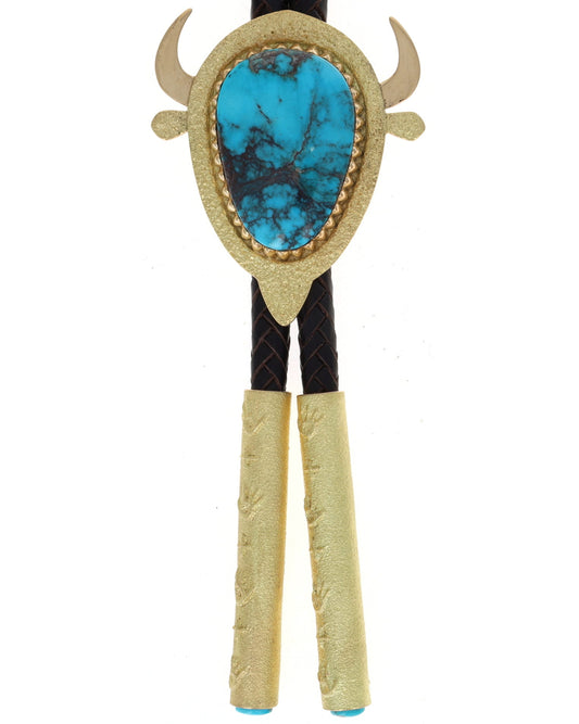 18K Gold Buffalo Bolo Tie With High Grade Natural Bisbee Turquoise