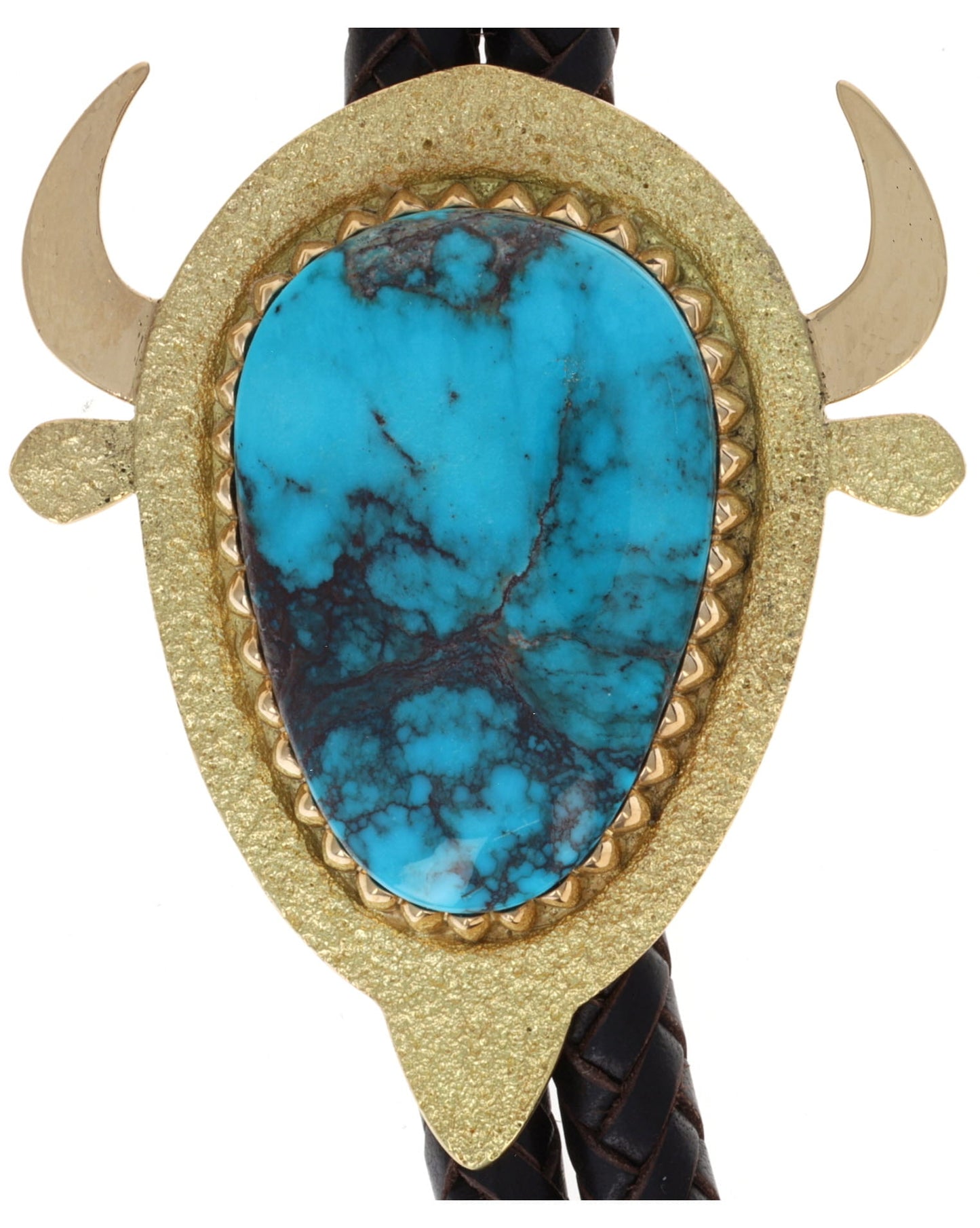 18K Gold Buffalo Bolo Tie With High Grade Natural Bisbee Turquoise