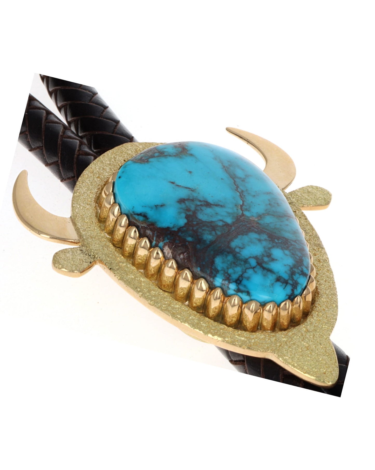 18K Gold Buffalo Bolo Tie With High Grade Natural Bisbee Turquoise