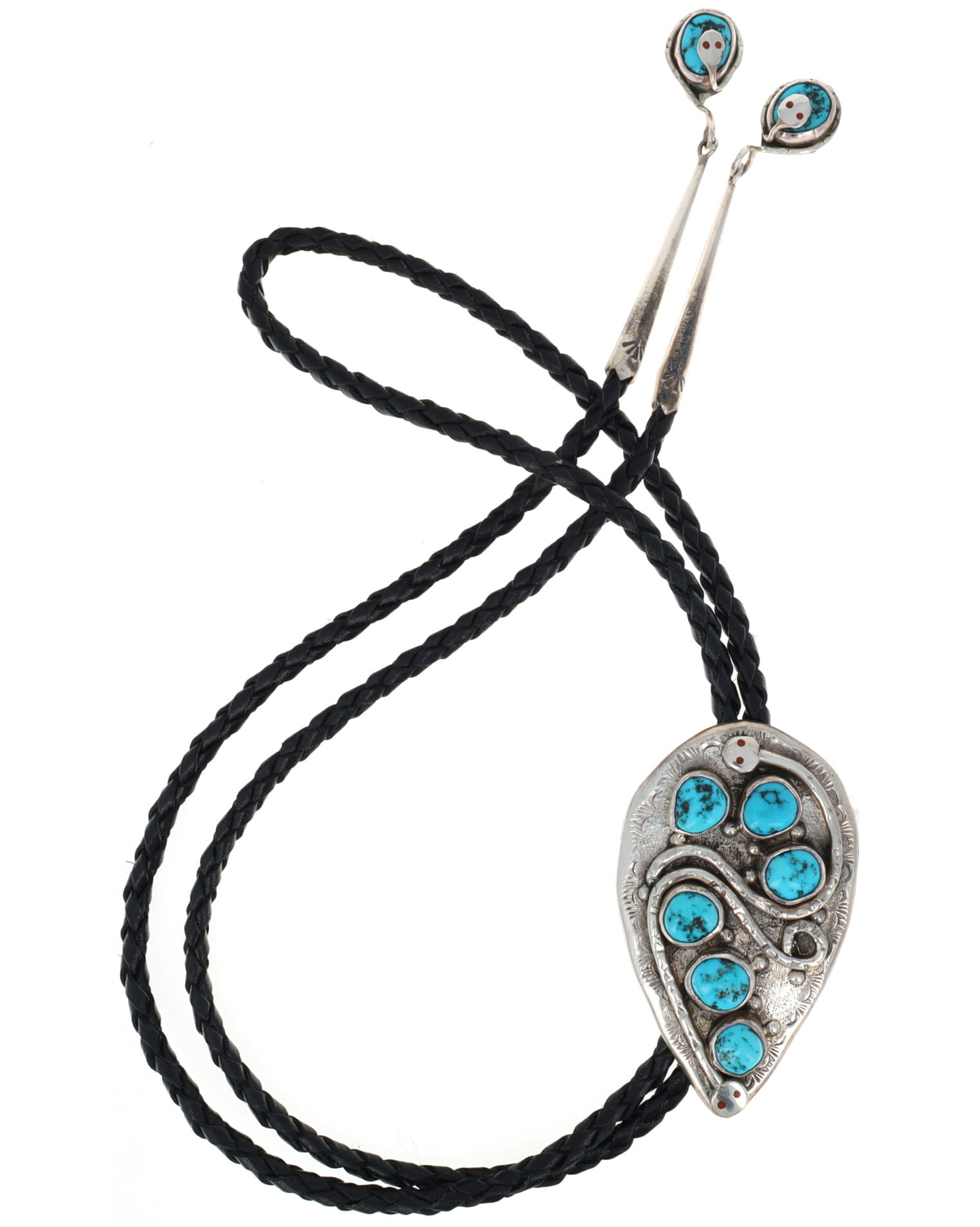 Turquoise & Coral Snake Design Bolo Tie