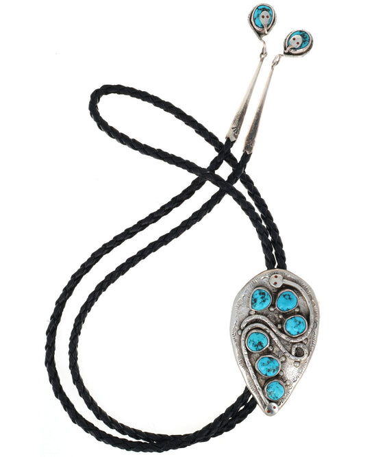 Turquoise & Coral Snake Design Bolo Tie