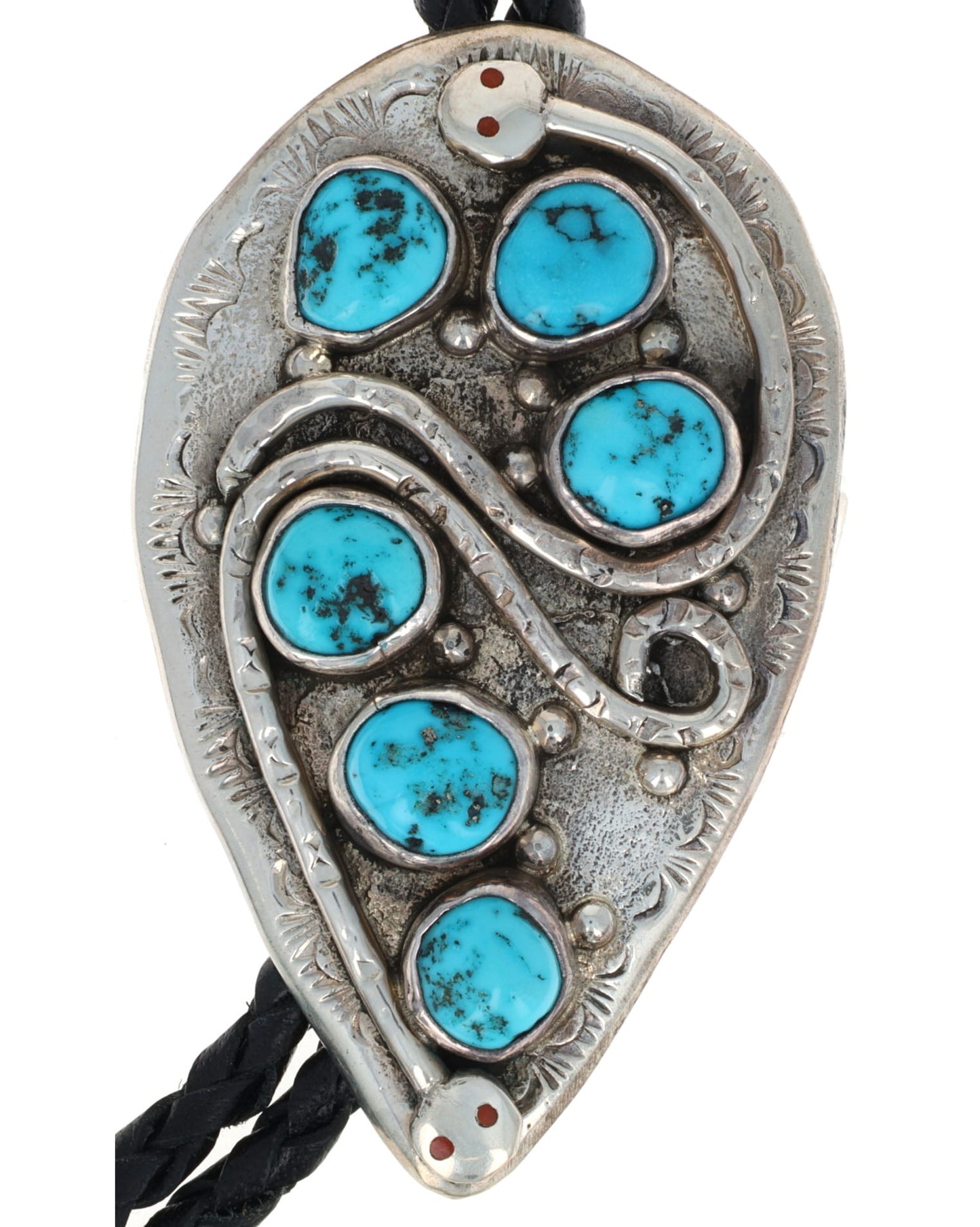 Turquoise & Coral Snake Design Bolo Tie