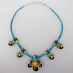 Kingman Turquoise Heishi-Halskette mit 5 Multi-Stone Inlay-Tabs