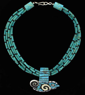 Collier Heishi à 5 brins avec pendentif oiseau en inlay multi-pierres
