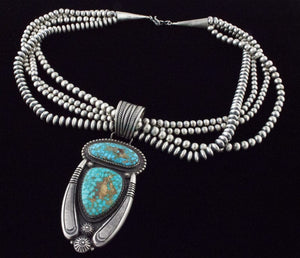 Collier en perles en argent sterling à 4 brins fait main avec pendentif en turquoise Kingman œil d'oiseau naturel