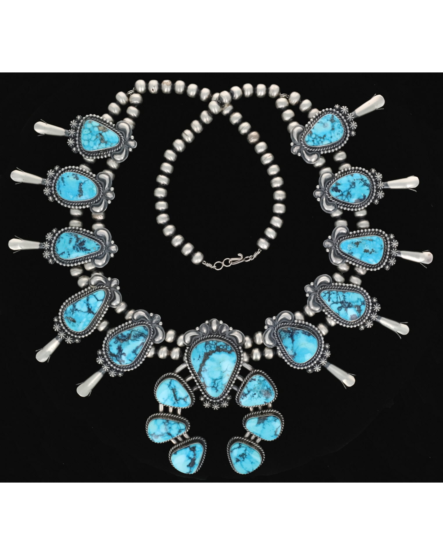 Natural Ithaca Peak Turquoise Squash Blossom Necklace With