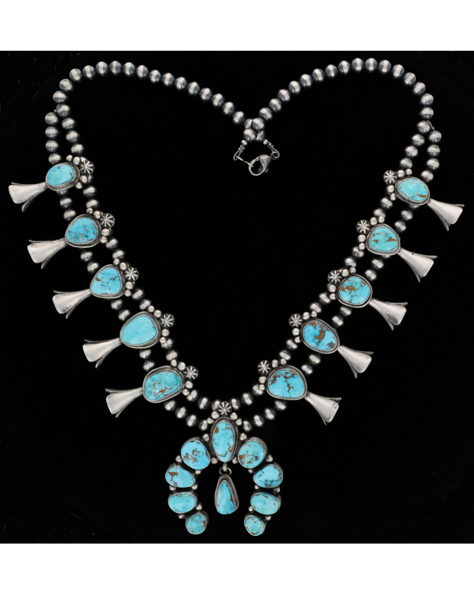 Natural Morenci Turquoise Squash Blossom Necklace With Matching