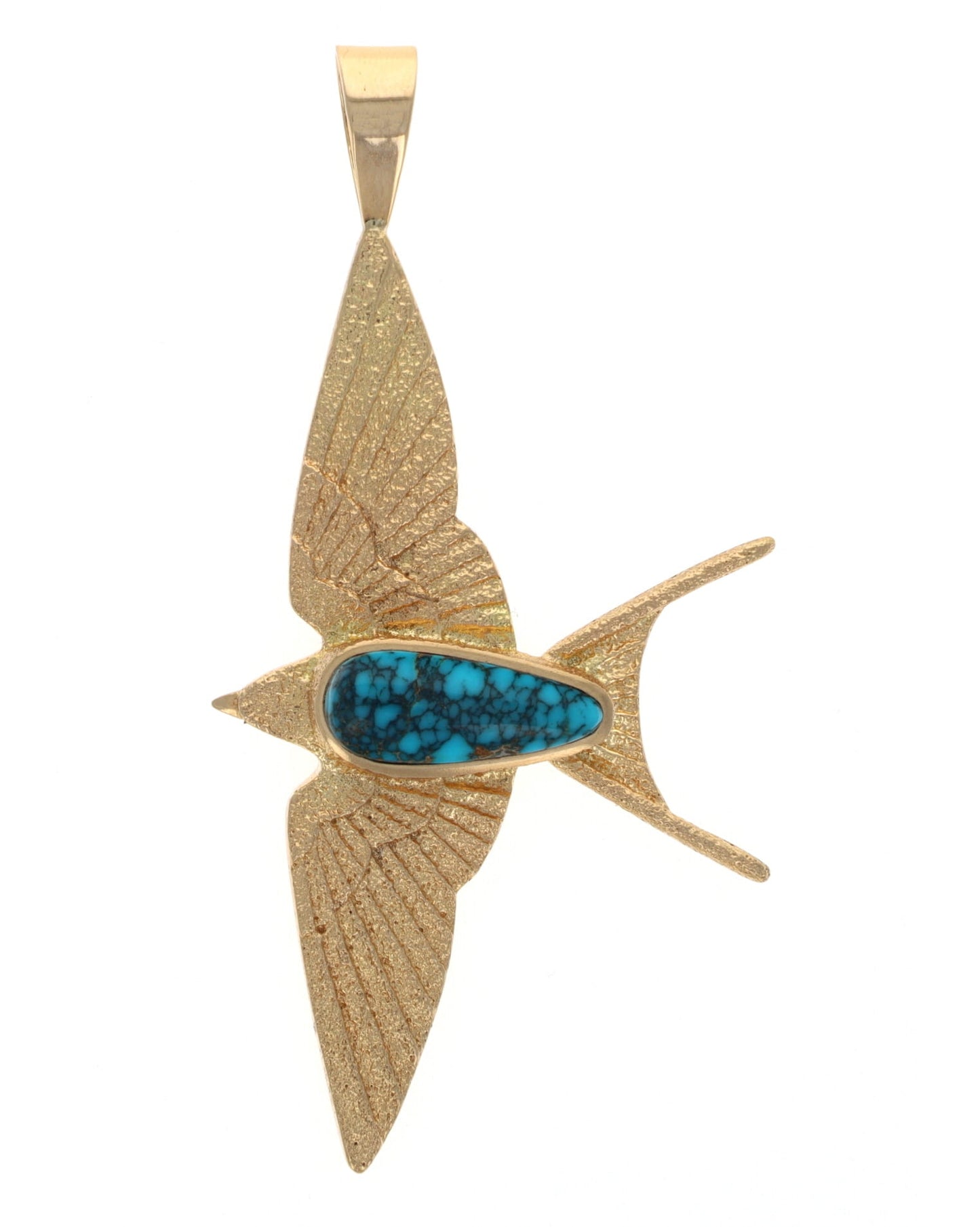 18K Gold Barn Swallow Pendant With High Grade Natural Lone Mountain Turquoise