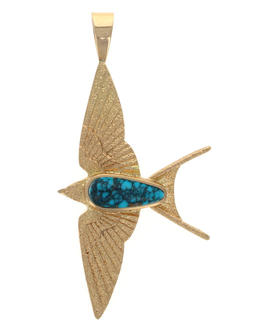 18K Gold Barn Swallow Pendant With High Grade Natural Lone Mountain Turquoise