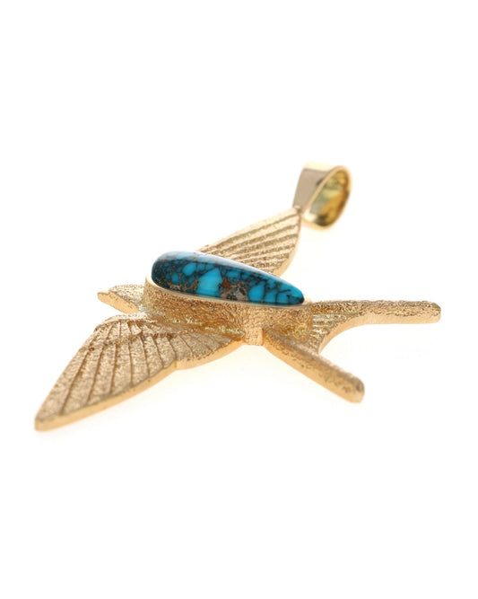 18K Gold Barn Swallow Pendant With High Grade Natural Lone Mountain Turquoise