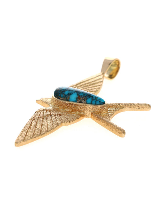 18K Gold Barn Swallow Pendant With High Grade Natural Lone Mountain Turquoise