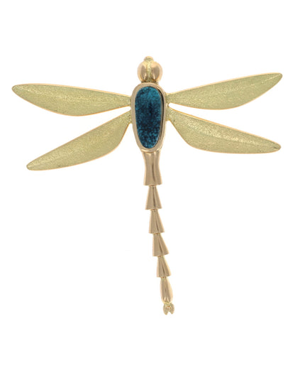 18K Gold Dragonfly Pendant With High Grade Natural Blue Moon Micro-Web Turquoise
