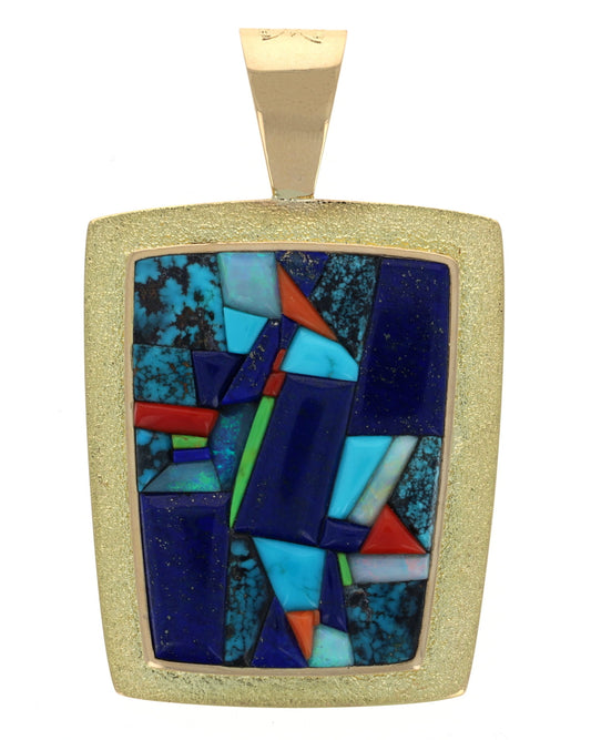 18K Gold Reversible Raised Cobblestone Inlay & Thunderbird Pendant