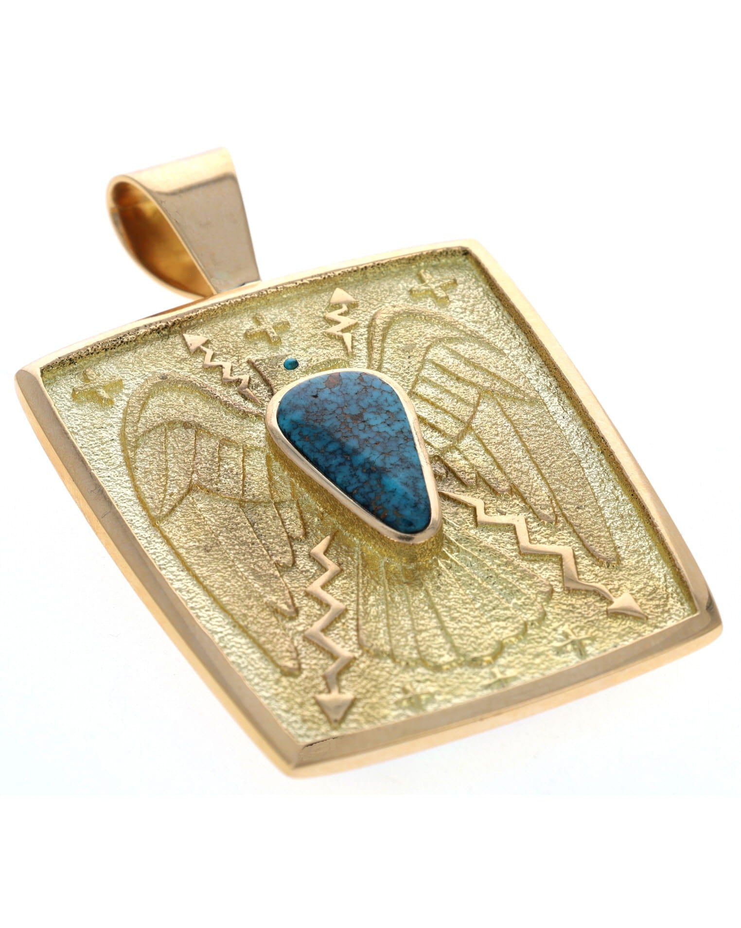 18K Gold Reversible Raised Cobblestone Inlay & Thunderbird Pendant