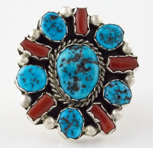 Turquoise & Coral Cluster Ring