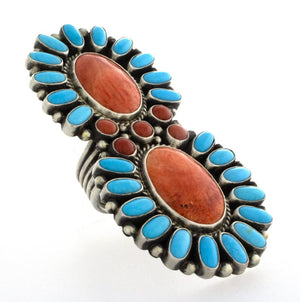 Roter/Oranger Stachelmuschel-Aussage-Ring mit Kingman-Türkis und Korallenumrandung