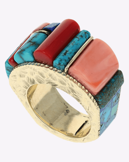 14K Gold Ring With High Grade Natural Multi-Stone Inlay Design