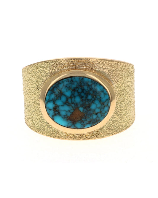 18K Gold Ring With Fossilized High Grade Natural Lone Mountain Turquoise