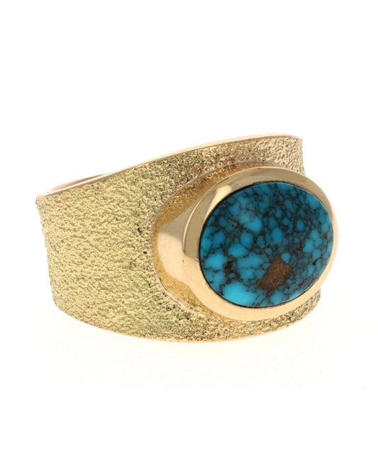 18K Gold Ring With Fossilized High Grade Natural Lone Mountain Turquoise