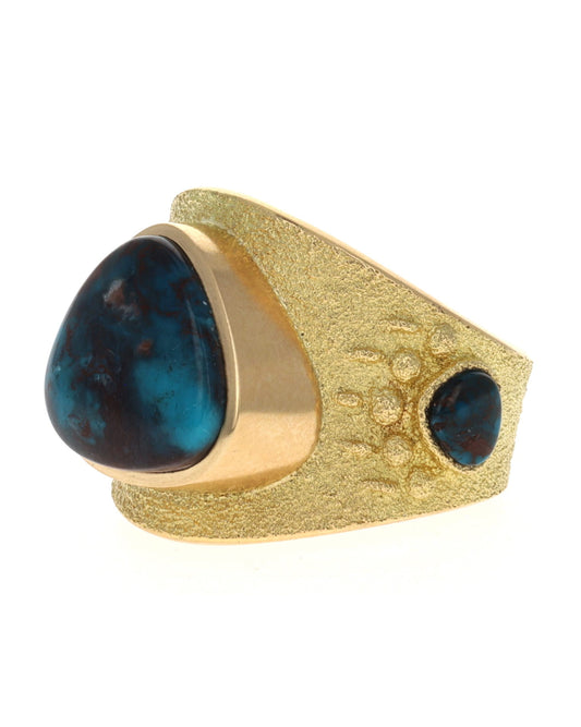 18K Gold Bear Paw Ring With High Grade Natural Smokey Bisbee Turquoise