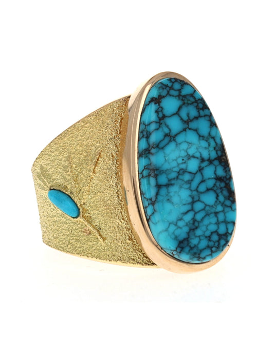 18K Gold Hummingbird Ring With High Grade Natural Black Widow Turquoise
