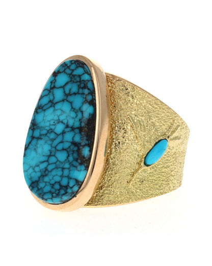18K Gold Hummingbird Ring With High Grade Natural Black Widow Turquoise