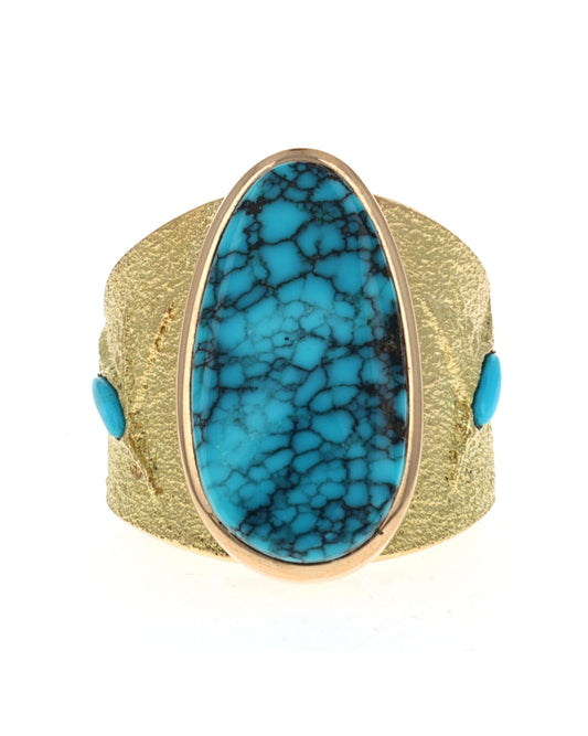 18K Gold Hummingbird Ring With High Grade Natural Black Widow Turquoise