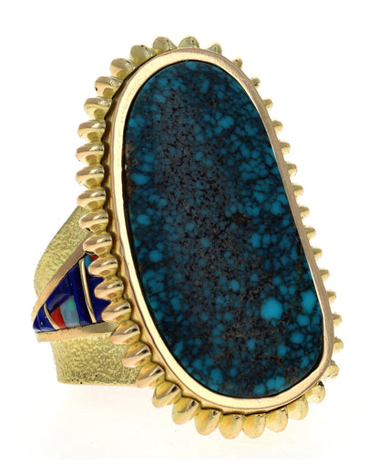 18K Gold Statement Ring With High Grade Natural Lone Mountain Turquoise
