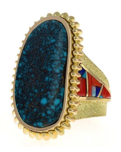 18K Gold Statement Ring With High Grade Natural Lone Mountain Turquoise