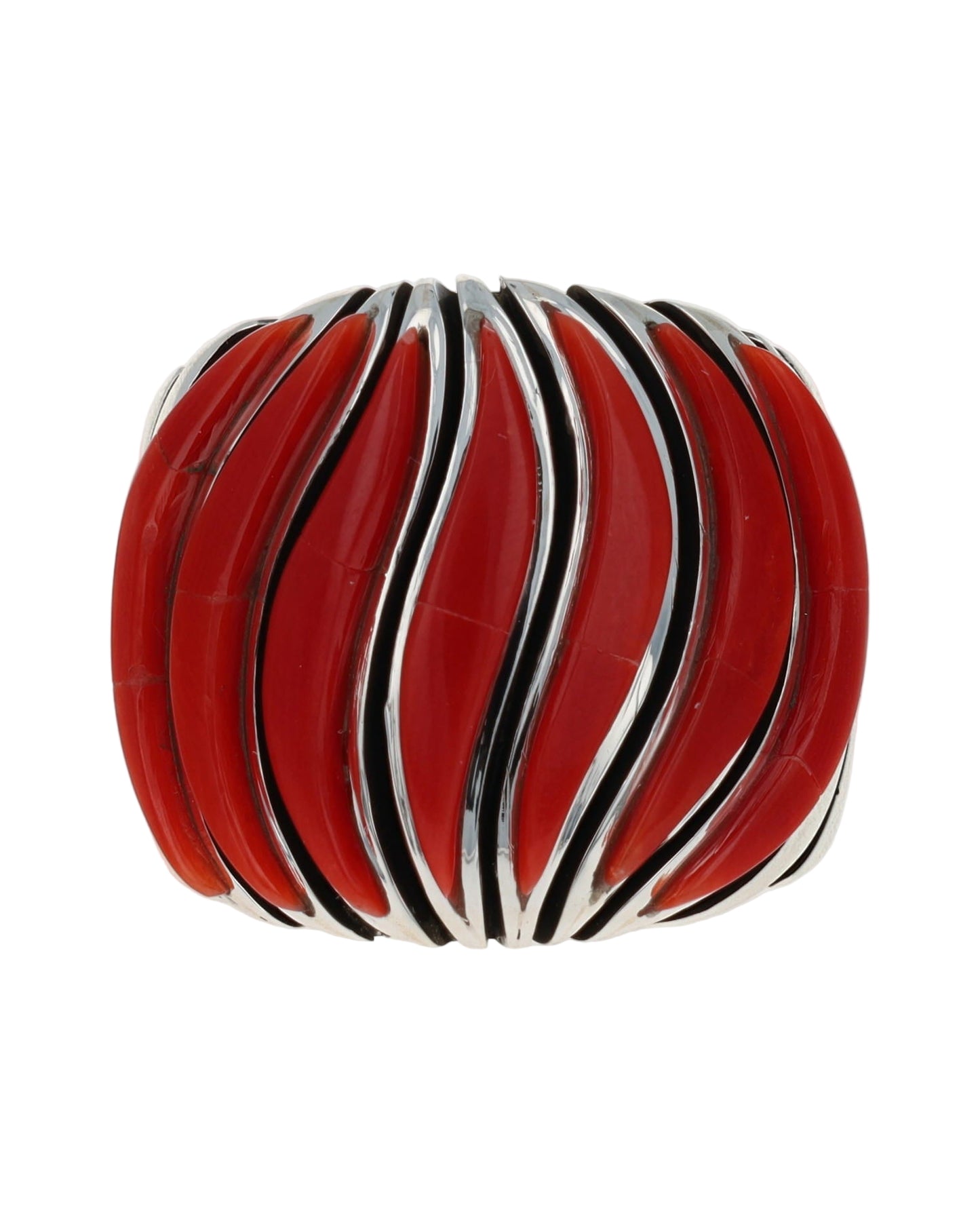 High Grade Natural Mediterranean Coral Raised Wave Inlay Ring